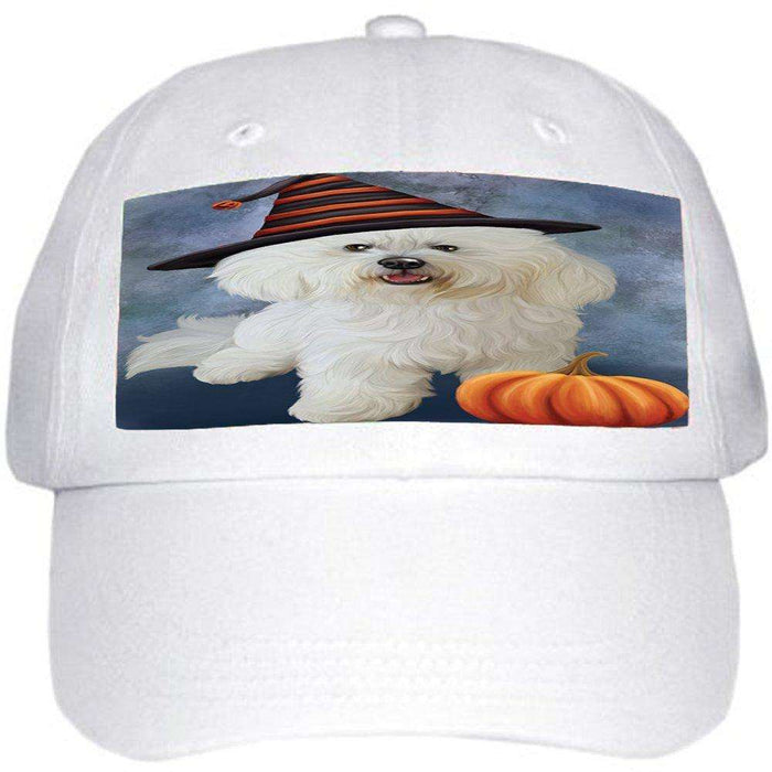 Happy Halloween Bichon Frise Dog Wearing Witch Hat with Pumpkin Ball Hat Cap