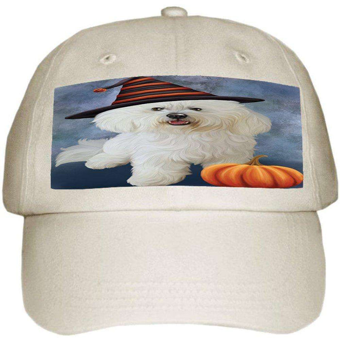 Happy Halloween Bichon Frise Dog Wearing Witch Hat with Pumpkin Ball Hat Cap