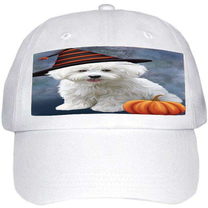 Happy Halloween Bichon Frise Dog Wearing Witch Hat with Pumpkin Ball Hat Cap