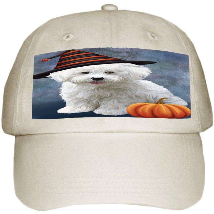 Happy Halloween Bichon Frise Dog Wearing Witch Hat with Pumpkin Ball Hat Cap