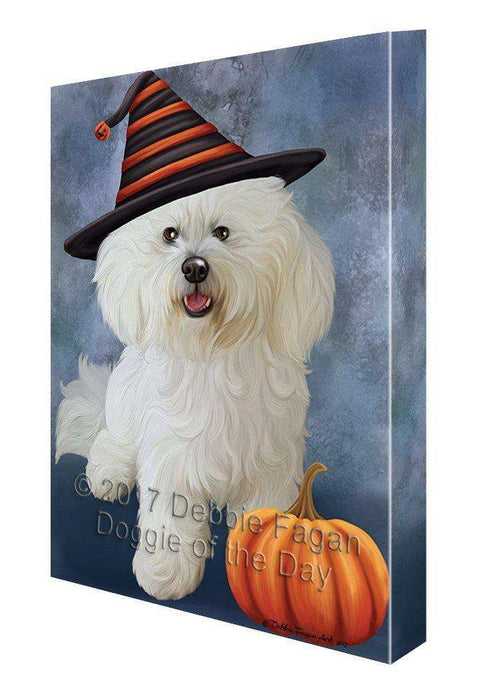 Happy Halloween Bichon Frise Dog Wearing Witch Hat with Pumpkin Canvas Wall Art