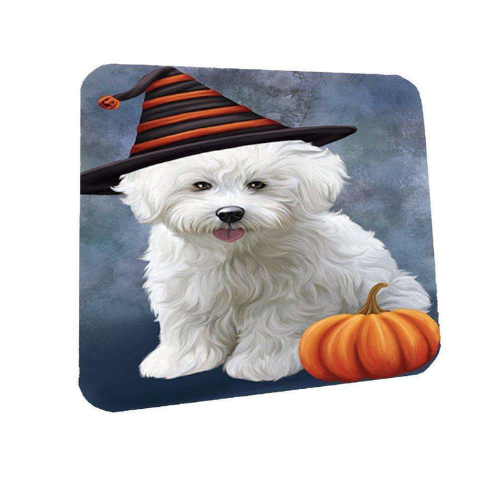 Happy Halloween Bichon Frise Dog Wearing Witch Hat with Pumpkin Coasters Set of 4