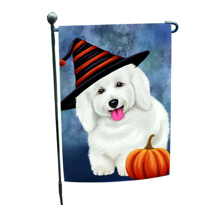 Happy Halloween Bichon Frise Dog Wearing Witch Hat with Pumpkin Garden Flag
