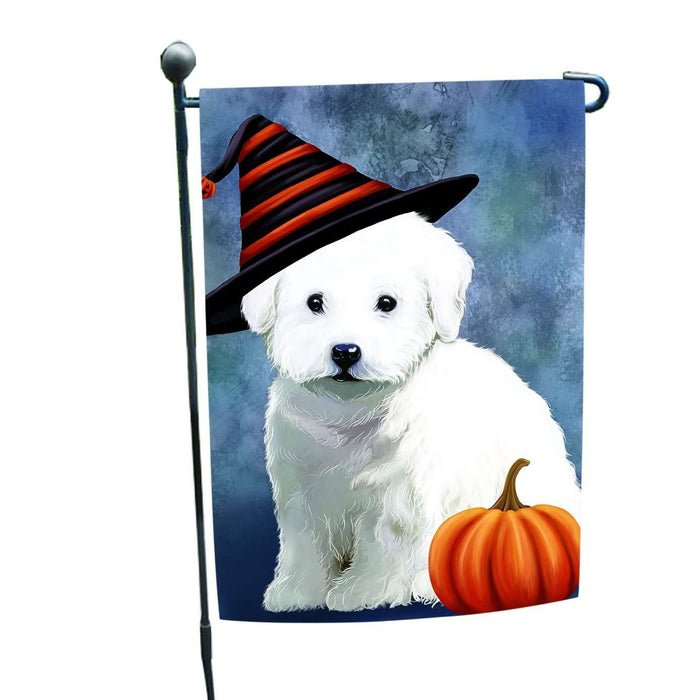 Happy Halloween Bichon Frise Dog Wearing Witch Hat with Pumpkin Garden Flag