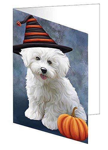 Happy Halloween Bichon Frise Dog Wearing Witch Hat with Pumpkin Handmade Artwork Assorted Pets Greeting Cards and Note Cards with Envelopes for All Occasions and Holiday Seasons
