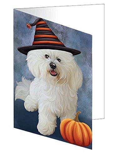 Happy Halloween Bichon Frise Dog Wearing Witch Hat with Pumpkin Handmade Artwork Assorted Pets Greeting Cards and Note Cards with Envelopes for All Occasions and Holiday Seasons