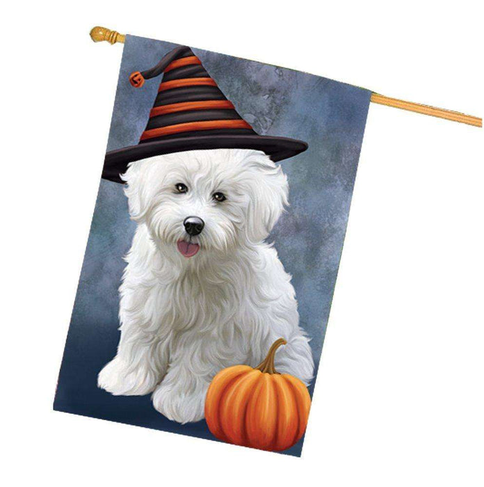 Happy Halloween Bichon Frise Dog Wearing Witch Hat with Pumpkin House Flag