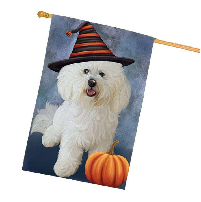 Happy Halloween Bichon Frise Dog Wearing Witch Hat with Pumpkin House Flag