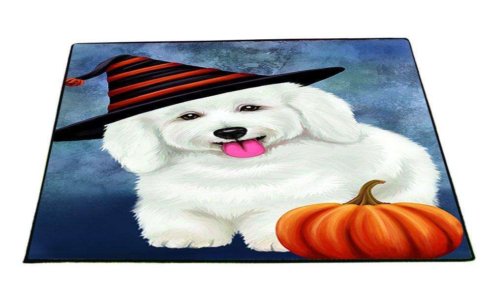 Happy Halloween Bichon Frise Dog Wearing Witch Hat with Pumpkin Indoor/Outdoor Floormat