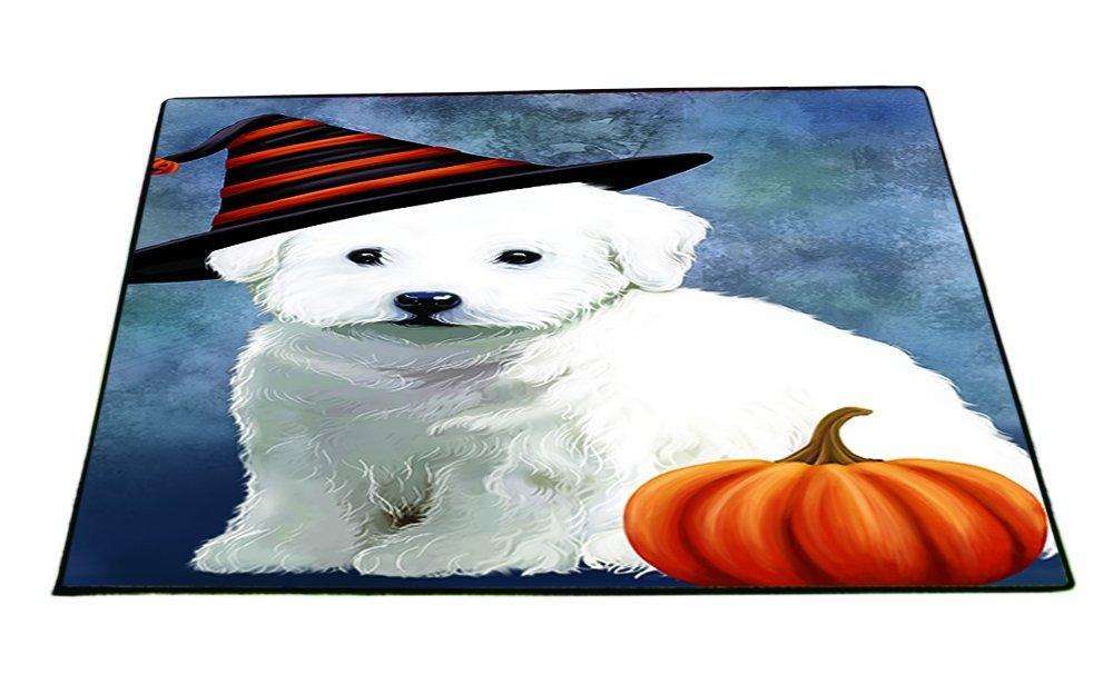 Happy Halloween Bichon Frise Dog Wearing Witch Hat with Pumpkin Indoor/Outdoor Floormat