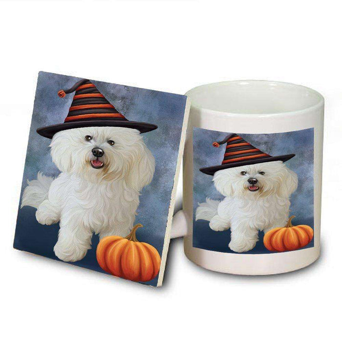 Happy Halloween Bichon Frise Dog Wearing Witch Hat with Pumpkin Mug and Coaster Set