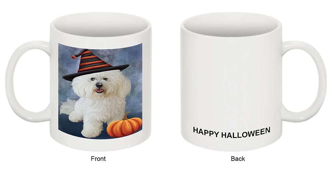 Happy Halloween Bichon Frise Dog Wearing Witch Hat with Pumpkin Mug
