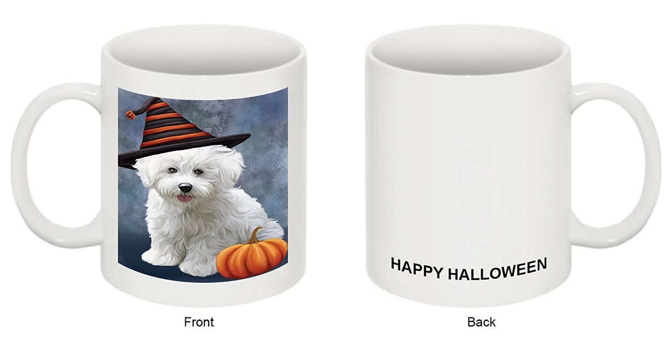 Happy Halloween Bichon Frise Dog Wearing Witch Hat with Pumpkin Mug
