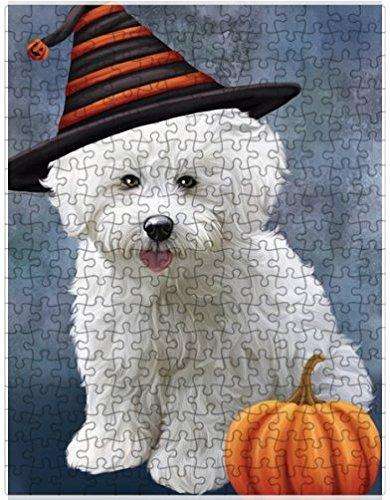 Happy Halloween Bichon Frise Dog Wearing Witch Hat with Pumpkin Puzzle with Photo Tin