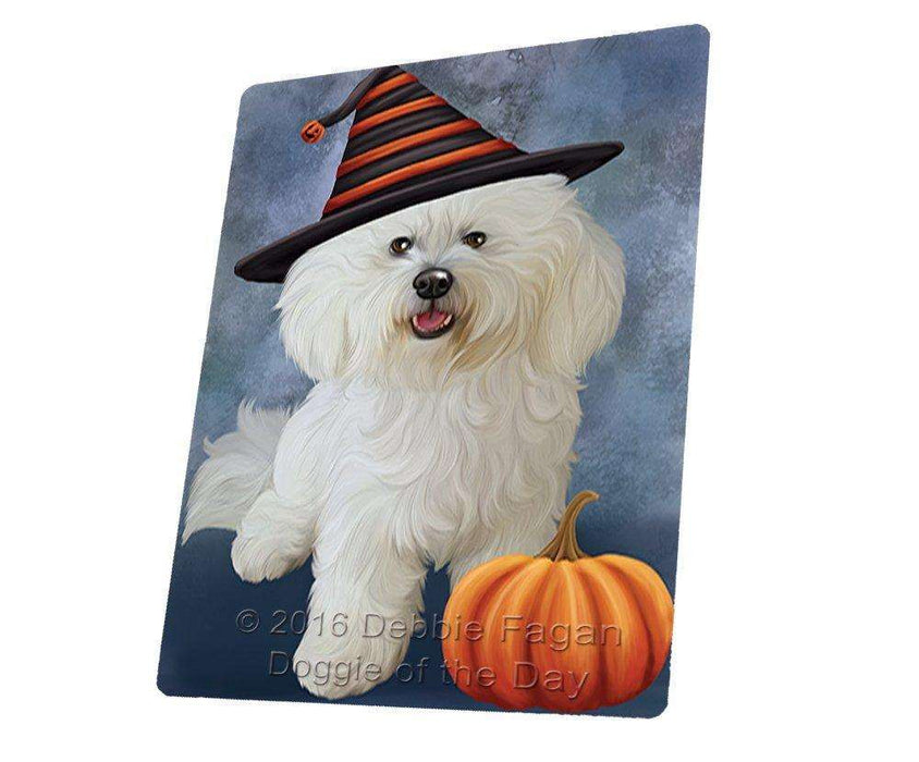 Happy Halloween Bichon Frise Dog Wearing Witch Hat with Pumpkin Tempered Cutting Board