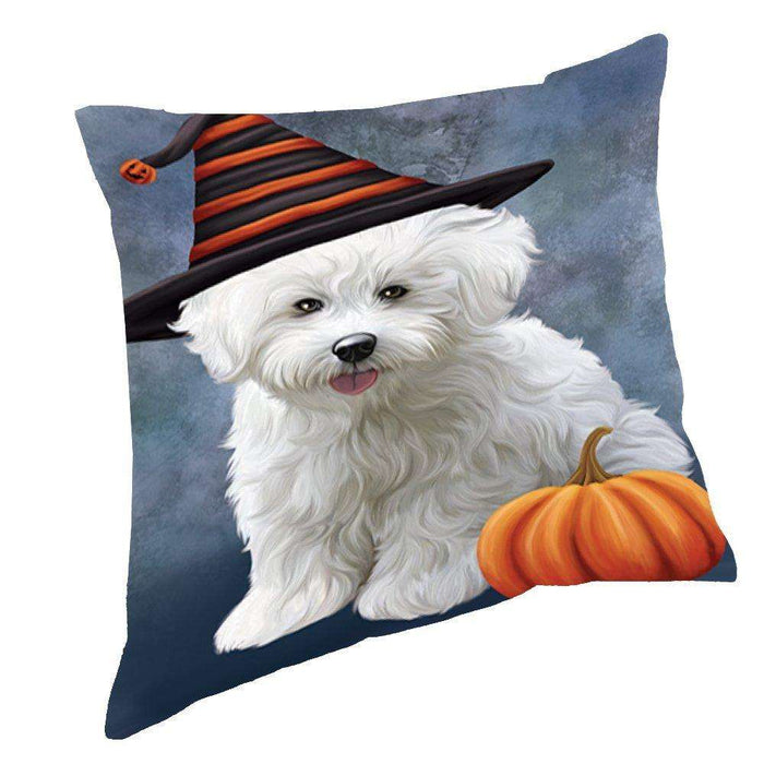 Happy Halloween Bichon Frise Dog Wearing Witch Hat with Pumpkin Throw Pillow