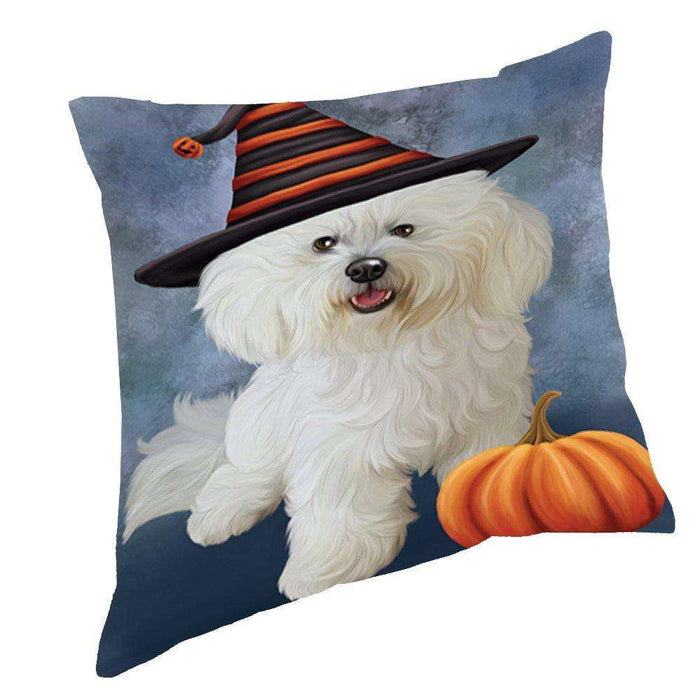 Happy Halloween Bichon Frise Dog Wearing Witch Hat with Pumpkin Throw Pillow