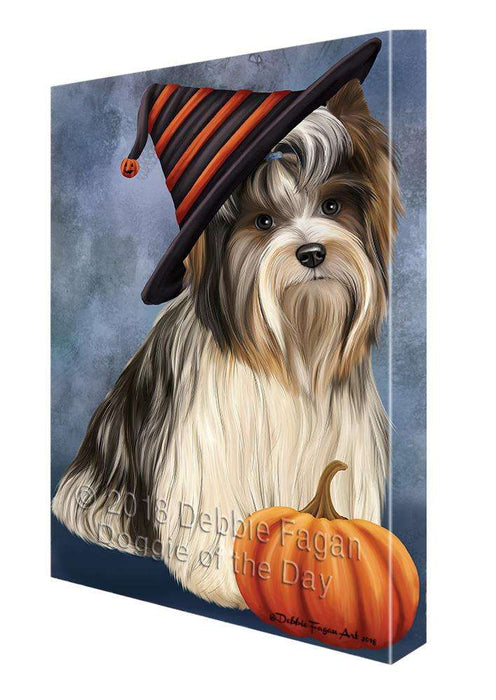 Happy Halloween Biewer Terrier Dog Wearing Witch Hat with Pumpkin Canvas Print Wall Art Décor CVS111446