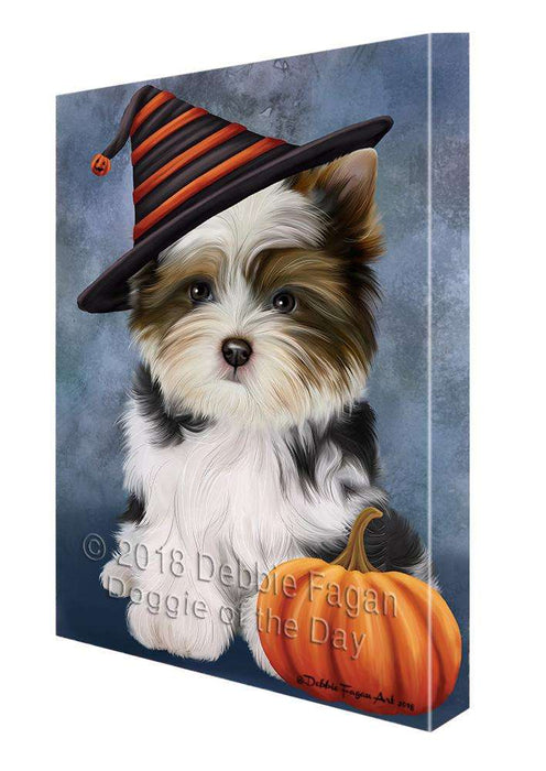 Happy Halloween Biewer Terrier Dog Wearing Witch Hat with Pumpkin Canvas Print Wall Art Décor CVS111455