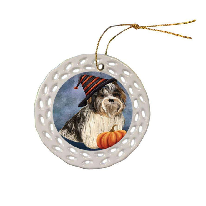 Happy Halloween Biewer Terrier Dog Wearing Witch Hat with Pumpkin Ceramic Doily Ornament DPOR54844