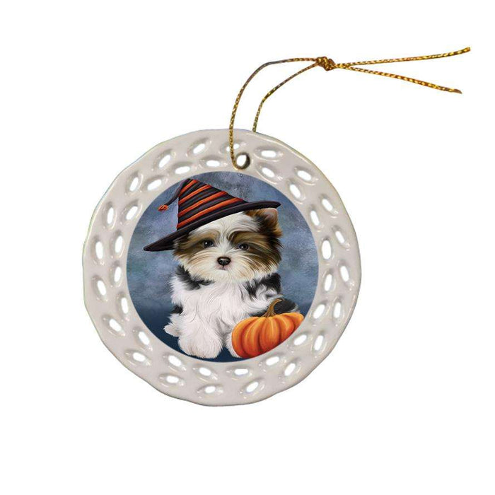Happy Halloween Biewer Terrier Dog Wearing Witch Hat with Pumpkin Ceramic Doily Ornament DPOR54845