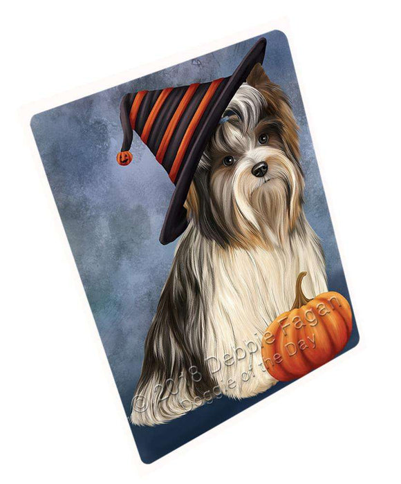 Happy Halloween Biewer Terrier Dog Wearing Witch Hat with Pumpkin Cutting Board C68976