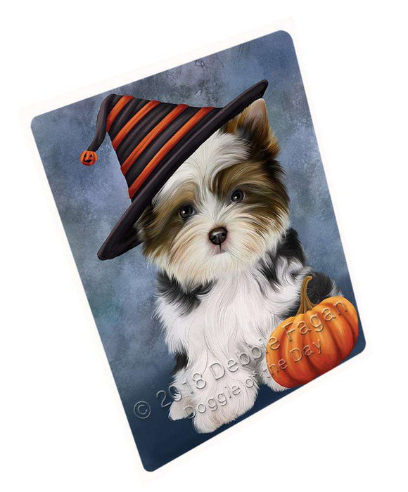 Happy Halloween Biewer Terrier Dog Wearing Witch Hat with Pumpkin Cutting Board C68979