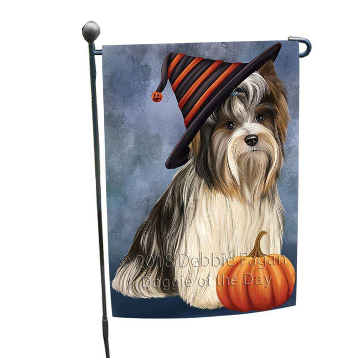 Happy Halloween Biewer Terrier Dog Wearing Witch Hat with Pumpkin Garden Flag GFLG54906