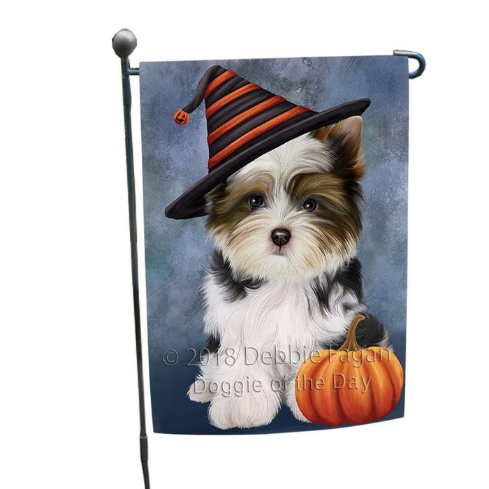 Happy Halloween Biewer Terrier Dog Wearing Witch Hat with Pumpkin Garden Flag GFLG54907