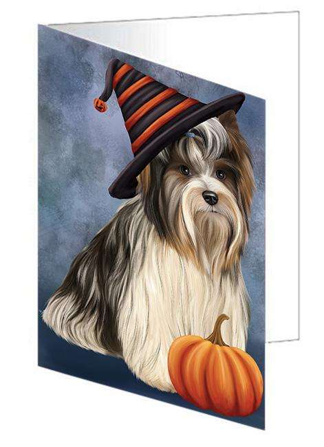 Happy Halloween Biewer Terrier Dog Wearing Witch Hat with Pumpkin Handmade Artwork Assorted Pets Greeting Cards and Note Cards with Envelopes for All Occasions and Holiday Seasons GCD68561