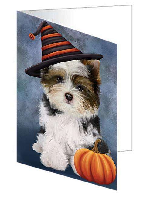 Happy Halloween Biewer Terrier Dog Wearing Witch Hat with Pumpkin Handmade Artwork Assorted Pets Greeting Cards and Note Cards with Envelopes for All Occasions and Holiday Seasons GCD68564