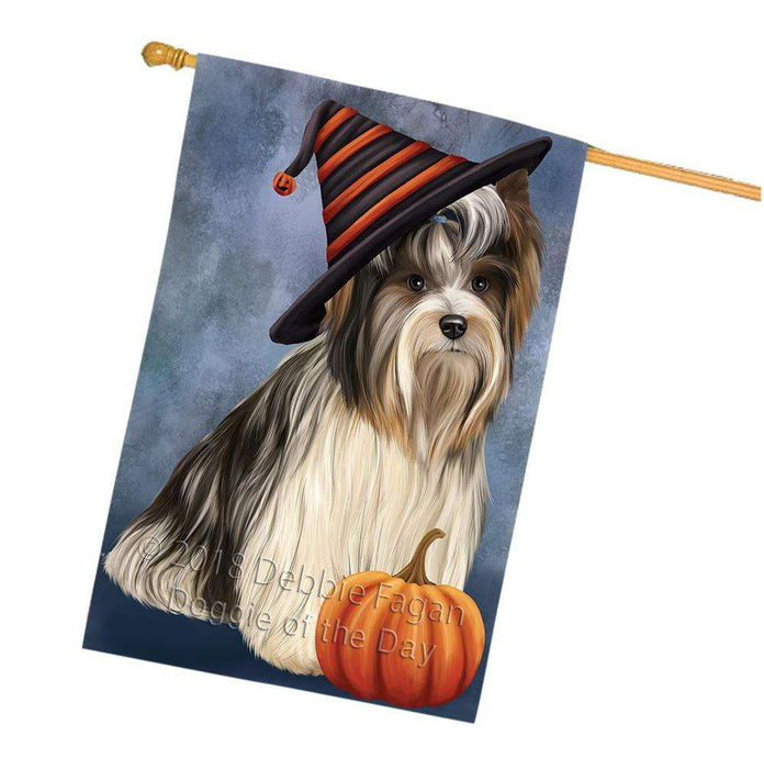 Happy Halloween Biewer Terrier Dog Wearing Witch Hat with Pumpkin House Flag FLG55042