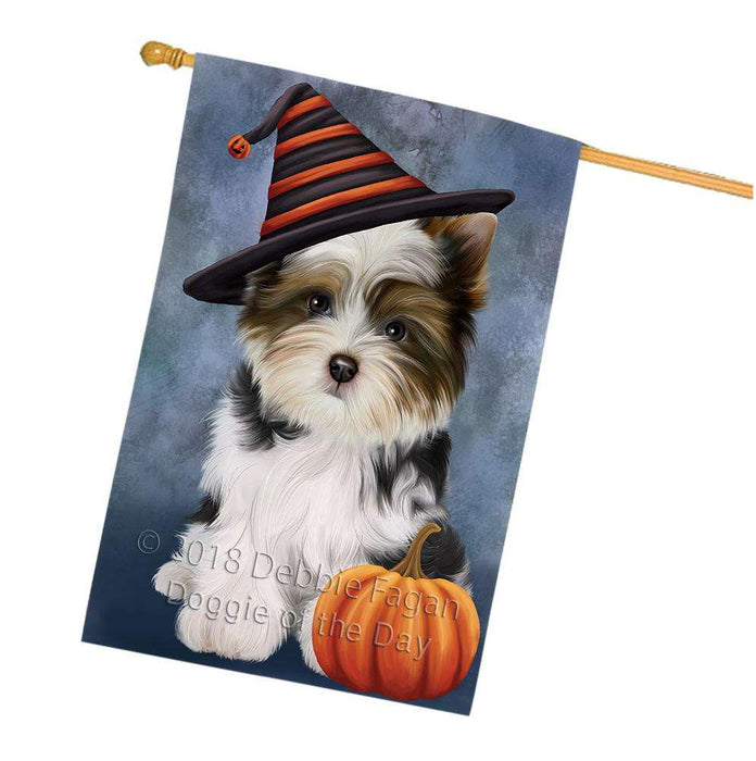 Happy Halloween Biewer Terrier Dog Wearing Witch Hat with Pumpkin House Flag FLG55043
