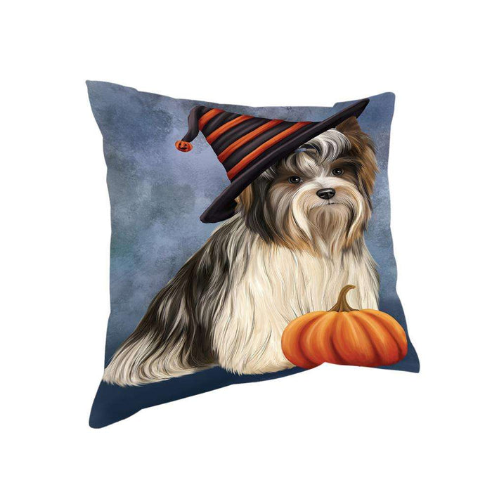 Happy Halloween Biewer Terrier Dog Wearing Witch Hat with Pumpkin Pillow PIL76000