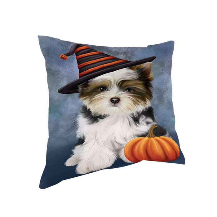 Happy Halloween Biewer Terrier Dog Wearing Witch Hat with Pumpkin Pillow PIL76004