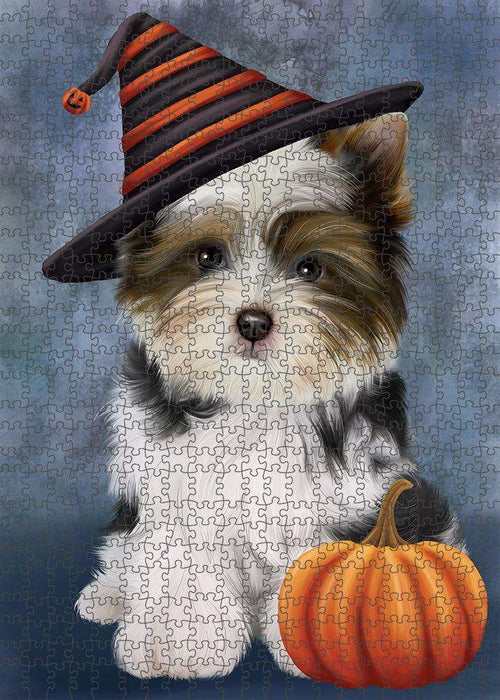Happy Halloween Biewer Terrier Dog Wearing Witch Hat with Pumpkin Puzzle with Photo Tin PUZL86536