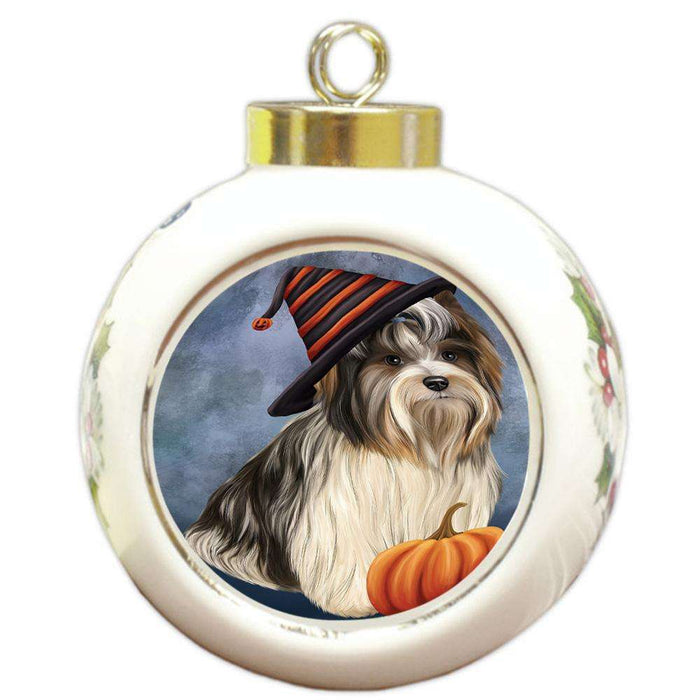 Happy Halloween Biewer Terrier Dog Wearing Witch Hat with Pumpkin Round Ball Christmas Ornament RBPOR54844