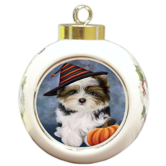 Happy Halloween Biewer Terrier Dog Wearing Witch Hat with Pumpkin Round Ball Christmas Ornament RBPOR54845