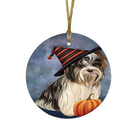 Happy Halloween Biewer Terrier Dog Wearing Witch Hat with Pumpkin Round Flat Christmas Ornament RFPOR54835