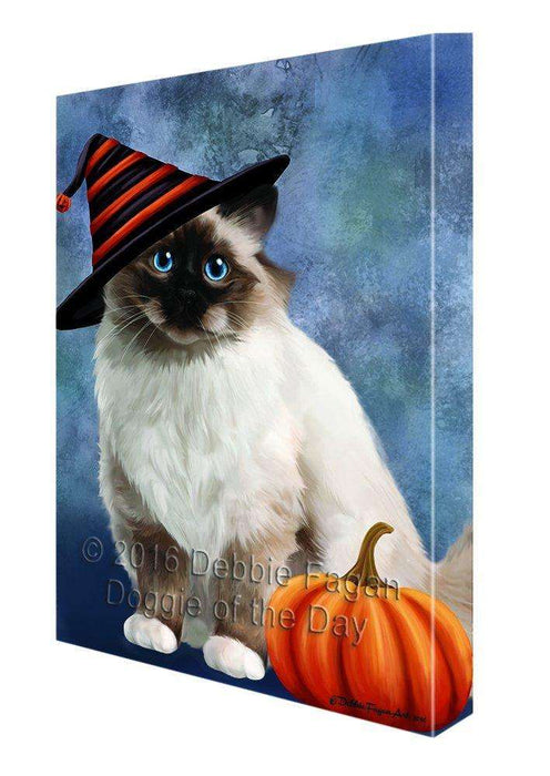 Happy Halloween Birman Cat Wearing Witch Hat with Pumpkin Canvas Wall Art