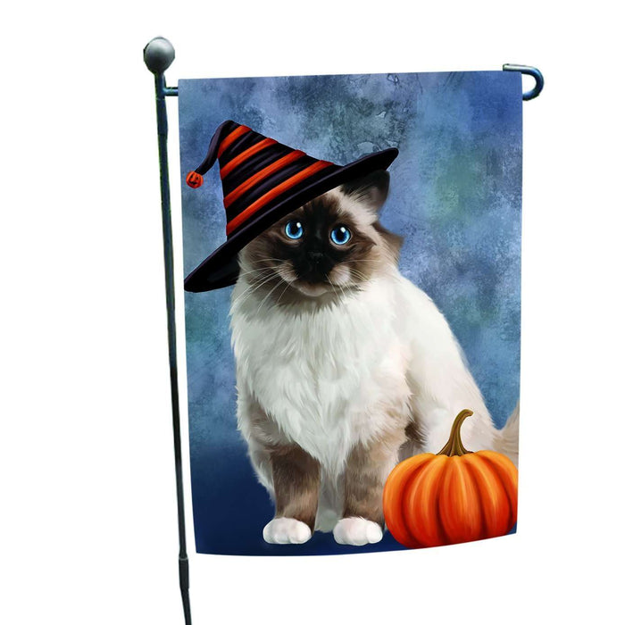 Happy Halloween Birman Cat Wearing Witch Hat with Pumpkin Garden Flag
