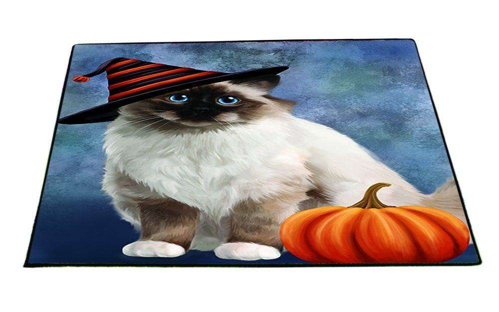 Happy Halloween Birman Cat Wearing Witch Hat with Pumpkin Indoor/Outdoor Floormat