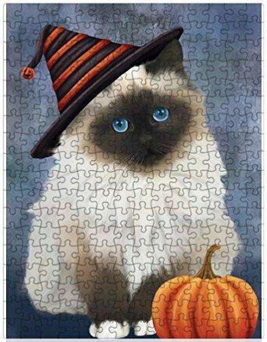 Happy Halloween Birman Cat Wearing Witch Hat with Pumpkin Puzzle with Photo Tin (300 pc.)