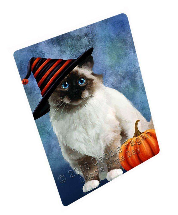Happy Halloween Birman Cat Wearing Witch Hat with Pumpkin Tempered Cutting Board