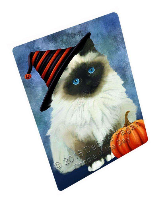 Happy Halloween Birman Cat Wearing Witch Hat with Pumpkin Tempered Cutting Board