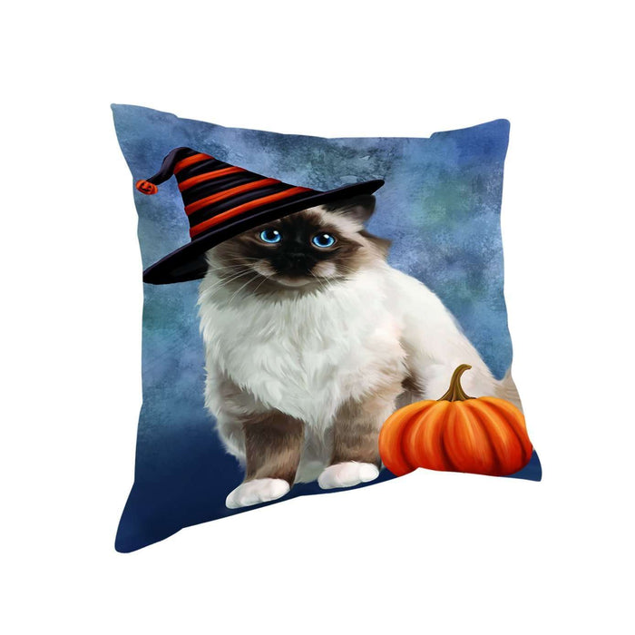 Happy Halloween Birman Cat Wearing Witch Hat with Pumpkin Throw Pillow