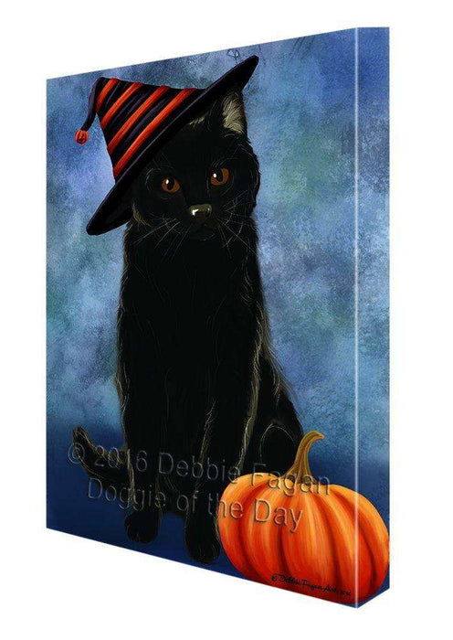 Happy Halloween Black Cat Wearing Witch Hat with Pumpkin Canvas Wall Art