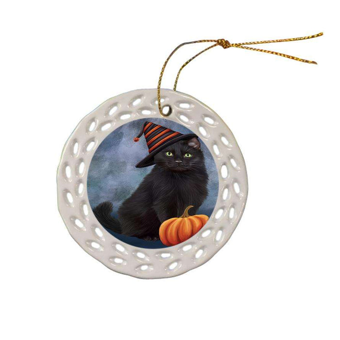 Happy Halloween Black Cat Wearing Witch Hat with Pumpkin Ceramic Doily Ornament DPOR54846