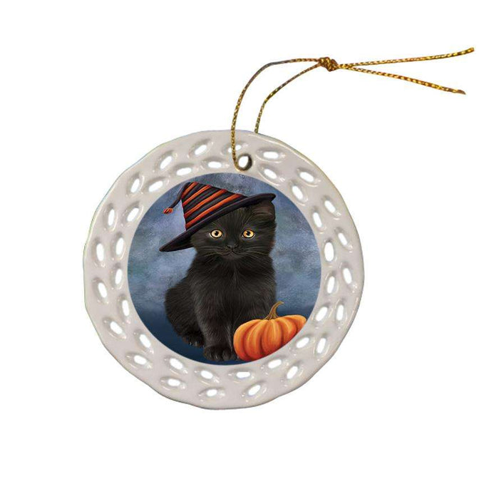 Happy Halloween Black Cat Wearing Witch Hat with Pumpkin Ceramic Doily Ornament DPOR54847