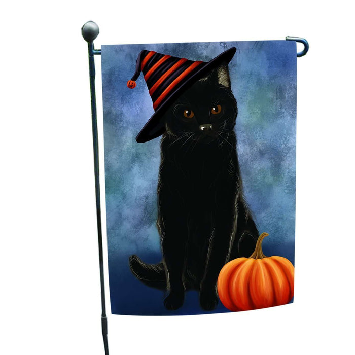 Happy Halloween Black Cat Wearing Witch Hat with Pumpkin Garden Flag
